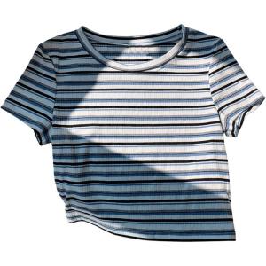 imageWomens Striped Colorblock T Shirt Short Sleeve Crew Neck Ribbed Knit Crop TopsWhite Blue