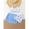 imageGirls Swimsuits 3 Piece Floral Spaghetti Strap Wireless Swimwear with Ruched Beach Skirts Bathing SuitsBlue and White