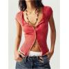 imageWomens Lace Trim Ribbed Knit T Shirt Button Down Short Cap Sleeve Slim Fit Tee TopsRed