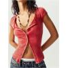 imageWomens Lace Trim Ribbed Knit T Shirt Button Down Short Cap Sleeve Slim Fit Tee TopsRed