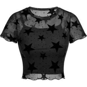imageGirls 2 Piece Outfits Star Graphic Y2K Sheer Mesh Shirts and Spaghetti Strap Camisole TopsBlack