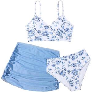imageGirls Swimsuits 3 Piece Floral Spaghetti Strap Wireless Swimwear with Ruched Beach Skirts Bathing SuitsBlue and White