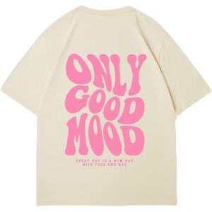 imageWomens Baggy Graphic Tees Letter Print Short Sleeve Crewneck T Shirt Casual Summer TopsApricot Graphic
