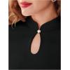 imageWomens Button Knot Mandarin Collar T Shirt Short Sleeve Slim Fit Retro Elegant Tee TopsBlack