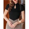 imageWomens Button Knot Mandarin Collar T Shirt Short Sleeve Slim Fit Retro Elegant Tee TopsBlack