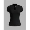 imageWomens Button Knot Mandarin Collar T Shirt Short Sleeve Slim Fit Retro Elegant Tee TopsBlack
