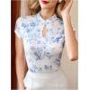 imageWomens Button Knot Mandarin Collar T Shirt Short Sleeve Slim Fit Retro Elegant Tee TopsBlue and White