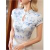 imageWomens Button Knot Mandarin Collar T Shirt Short Sleeve Slim Fit Retro Elegant Tee TopsBlue and White