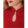 imageWomens Button Knot Mandarin Collar T Shirt Short Sleeve Slim Fit Retro Elegant Tee TopsRed