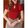 imageWomens Button Knot Mandarin Collar T Shirt Short Sleeve Slim Fit Retro Elegant Tee TopsRed