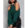 imageWomens Cold Shoulder Ribbed Knit T Shirt Bishop Long Sleeve Slim Fit Halter Top Elegant Tee TopsDark Green