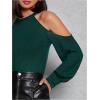 imageWomens Cold Shoulder Ribbed Knit T Shirt Bishop Long Sleeve Slim Fit Halter Top Elegant Tee TopsDark Green
