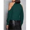 imageWomens Cold Shoulder Ribbed Knit T Shirt Bishop Long Sleeve Slim Fit Halter Top Elegant Tee TopsDark Green