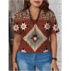 imageWomens Plus Size Boho Graphic Tees V Neck Short Sleeve Geometric Print T Shirt Vacation TopsRust Brown