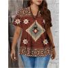 imageWomens Plus Size Boho Graphic Tees V Neck Short Sleeve Geometric Print T Shirt Vacation TopsRust Brown