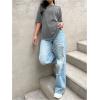 imageWomens Short Sleeve Crew Neck Distressed T Shirt Casual Drop Shoulder Baggy Tee Tops StreetwearGrey