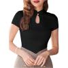 imageWomens Button Knot Mandarin Collar T Shirt Short Sleeve Slim Fit Retro Elegant Tee TopsBlack
