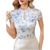 imageWomens Button Knot Mandarin Collar T Shirt Short Sleeve Slim Fit Retro Elegant Tee TopsBlue and White