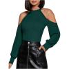 imageWomens Cold Shoulder Ribbed Knit T Shirt Bishop Long Sleeve Slim Fit Halter Top Elegant Tee TopsDark Green