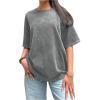 imageWomens Short Sleeve Crew Neck Distressed T Shirt Casual Drop Shoulder Baggy Tee Tops StreetwearGrey