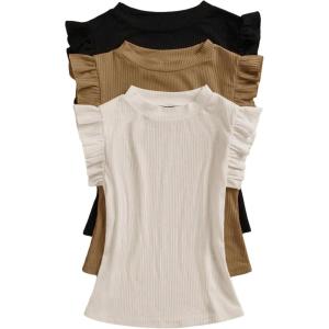 imageWomens 3 Packs Ruffle Cap Sleeve Tops Ribbed Knit Crew Neck Slim Fit T Shirt Summer TeesMulticolor