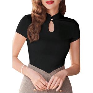 imageWomens Button Knot Mandarin Collar T Shirt Short Sleeve Slim Fit Retro Elegant Tee TopsBlack