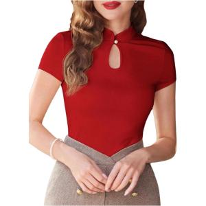 imageWomens Button Knot Mandarin Collar T Shirt Short Sleeve Slim Fit Retro Elegant Tee TopsRed