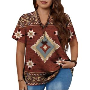 imageWomens Plus Size Boho Graphic Tees V Neck Short Sleeve Geometric Print T Shirt Vacation TopsRust Brown