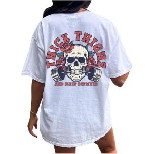 imageWomens Plus Size Graphic Tees Letter Print Short Sleeve T Shirts Casual Crew Neck TopsSkull White