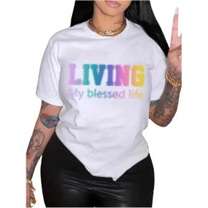 imageWomens Plus Size Graphic Tees Letter Print Short Sleeve T Shirts Casual Crew Neck TopsWhite