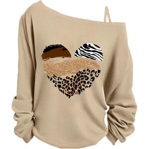 imageWomens Plus Size Heart Graphic Tees Asymmetrical Cold Shoulder Long Sleeve T Shirt Y2K TopsBeige