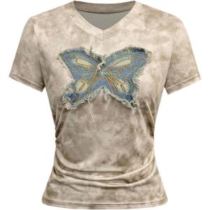 imageWomens Plus Size Y2K Butterfly Embroidery T Shirt Short Sleeve Crew Neck Slim Fit Vintage Tee TopsMulticolor