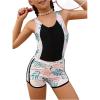 imageGirls 2 Piece Tropical Plant Print Swimsuits Zip Up One Piece Bathing Suits with Beach ShortsMulticolor