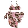 imageGirls 3 Piece Floral Leopard Bathing Suit O Ring Padded Bikini Set Swimsuits with Beach SkirtBrown