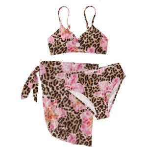 imageGirls 3 Piece Floral Leopard Bathing Suit O Ring Padded Bikini Set Swimsuits with Beach SkirtBrown