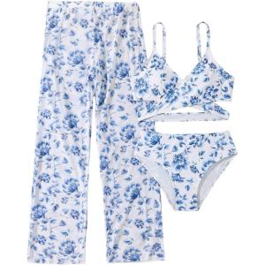 imageGirls 3 Piece Floral Swimsuit Cut Out Crisscross Bathing Suit with Cover Up PantsBlue