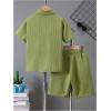 imageBoys 2 Piece Beach Vacation Textured Linen Outfit Short Sleeve Button Down Shirt Top and Shorts Summer SetArmy Green