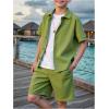 imageBoys 2 Piece Beach Vacation Textured Linen Outfit Short Sleeve Button Down Shirt Top and Shorts Summer SetArmy Green