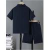 imageBoys 2 Piece Beach Vacation Textured Linen Outfit Short Sleeve Button Down Shirt Top and Shorts Summer SetDeep Blue