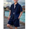 imageBoys 2 Piece Beach Vacation Textured Linen Outfit Short Sleeve Button Down Shirt Top and Shorts Summer SetDeep Blue