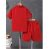 imageBoys 2 Piece Beach Vacation Textured Linen Outfit Short Sleeve Button Down Shirt Top and Shorts Summer SetRed