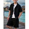 imageBoys 2 Piece Beach Vacation Textured Linen Outfit Short Sleeve Button Down Shirt Top and Shorts Summer SetSolid Black