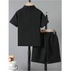 imageBoys 2 Piece Beach Vacation Textured Linen Outfit Short Sleeve Button Down Shirt Top and Shorts Summer SetSolid Black