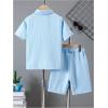 imageBoys 2 Piece Beach Vacation Textured Linen Outfit Short Sleeve Button Down Shirt Top and Shorts Summer SetSolid Blue