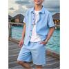 imageBoys 2 Piece Beach Vacation Textured Linen Outfit Short Sleeve Button Down Shirt Top and Shorts Summer SetSolid Blue