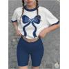 imageGirls 2 Piece Cute Summer Outfits Denim Bowknot Embroidery T Shirt and Biker Shorts Clothing SetBlue White