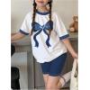 imageGirls 2 Piece Cute Summer Outfits Denim Bowknot Embroidery T Shirt and Biker Shorts Clothing SetWhite