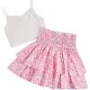 imageGirls 2 Piece Outfits Lace Ruched Camisole Tops and Shirred High Waisted Layered Floral Skirts SetPink White