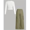 imageGirls 2 Piece Outfits Long Sleeve Ribbed Ruched Tee Shirts Elastic Waist Baggy Cargo Pants SetsGreen