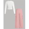 imageGirls 2 Piece Outfits Long Sleeve Ribbed Ruched Tee Shirts Elastic Waist Baggy Cargo Pants SetsPink
